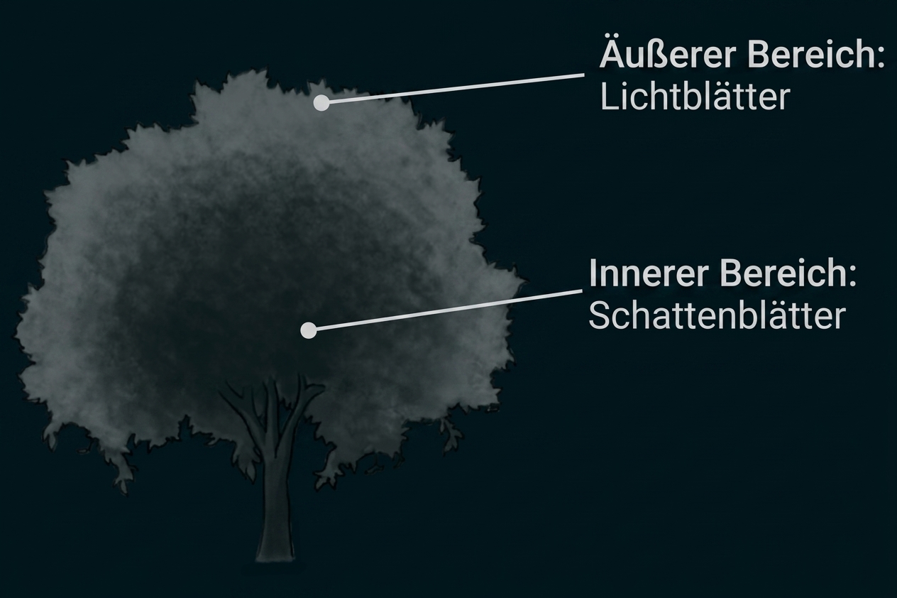Beschriftete Baumkrone mit äußerem Lichtblätter- und innerem Schattenblätter-Bereich.